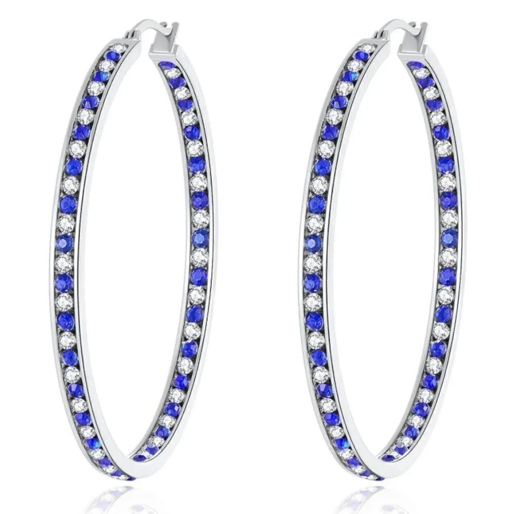 14K White Gold with Blue Sapphire and White Diamond Cubic Zirconia Hoop Earrings